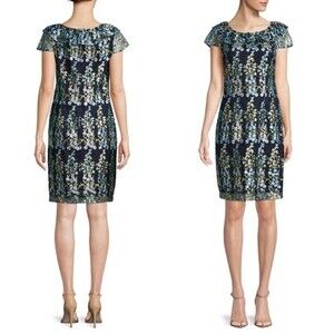 Karl Lagerfeld Paris Floral Embroidered Boatneck Dress - Navy | Size 6